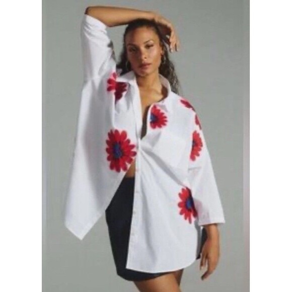 Anthropologie x Maeve Alameda Beaded Embroidered Floral Button Down Size M/L - Picture 2 of 6